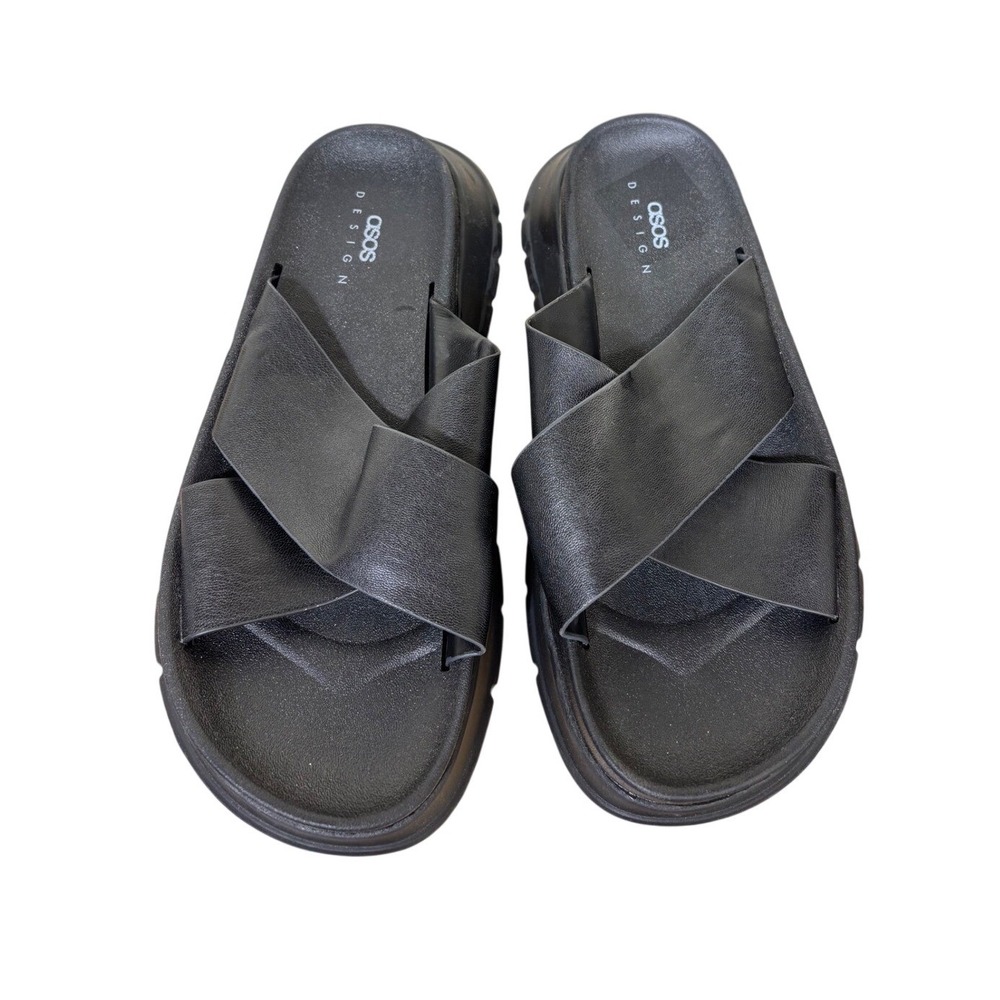 ASOS 8 FairPlay Chunky Sports Platform Slide Sandals Black Crossover Lug Sole